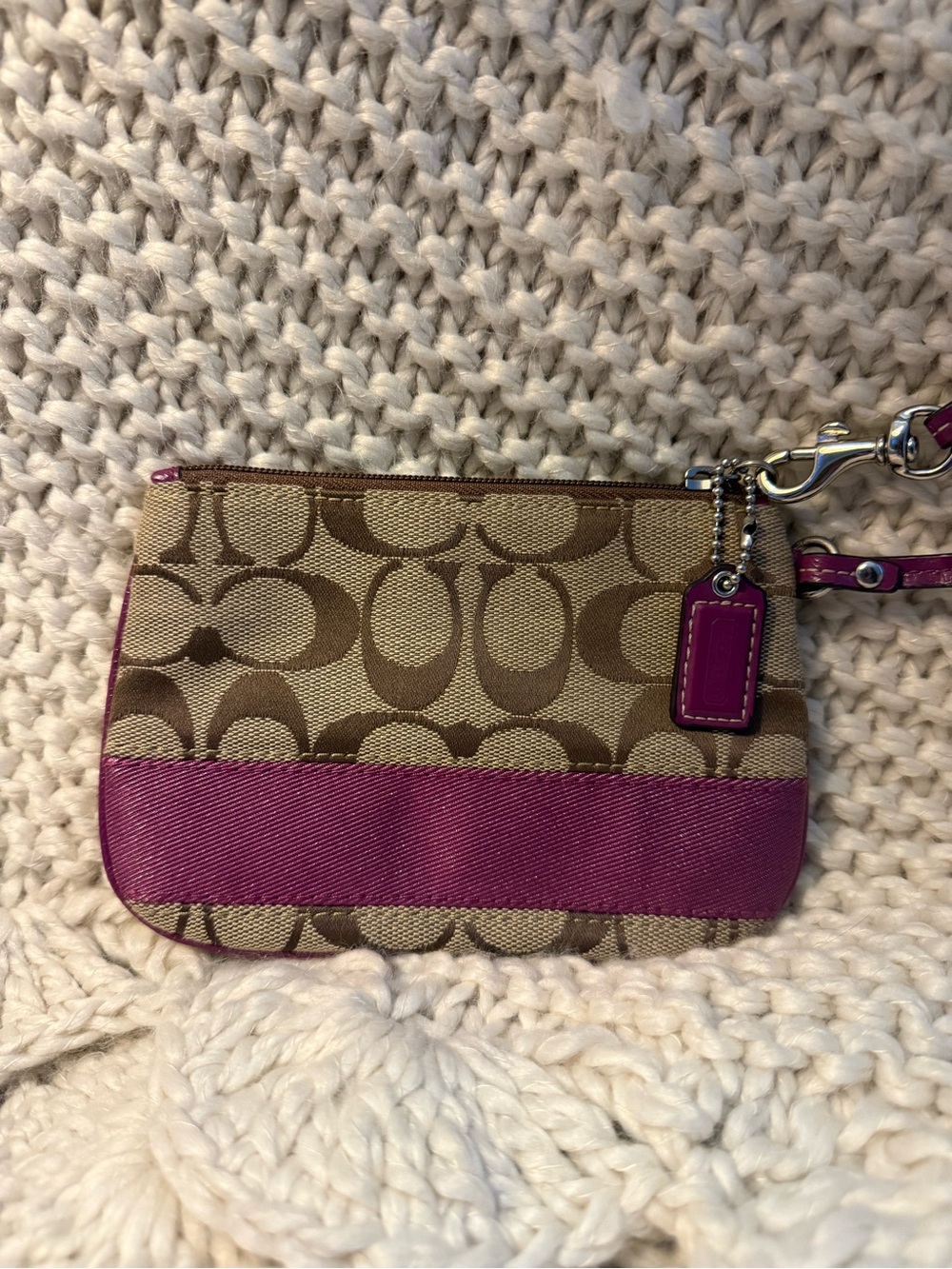 Coach Brown Signature Canvas Wristlet with Magenta Trim